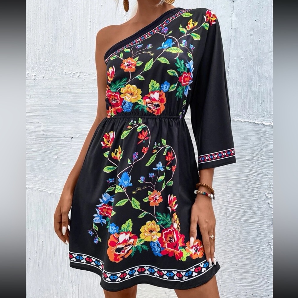 Boho Floral Tropical Print One Shoulder Dress - Picture 4 of 6